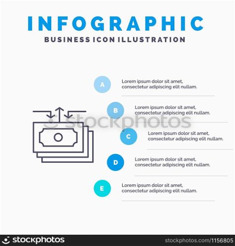 Dollar, Flow, Money, Cash, Report Line icon with 5 steps presentation infographics Background