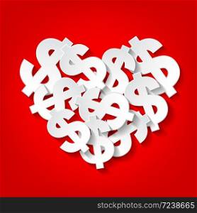 Dollar from paper fill in heart shape. Vector illustration isolated on red background.