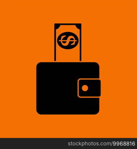 Dollar Get Out From Purse Icon. Black on Orange Background. Vector Illustration.