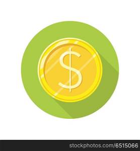 Dollar gold coin vector icon in flat style. Investment, gambling, savings, winings concept. Illustration for application button pictograms, infogpaphics elements, logo, web design. Isolated on white. Dollar Gold Coin Vector Icon in Flat Style Design. Dollar Gold Coin Vector Icon in Flat Style Design