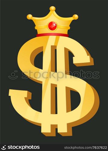 Dollar golden symbol with crown, currency logo. Element of casino, object of earn money, business success, money award with crownpiece, jackpot vector. Money Symbol with Crown, Golden Dollar Vector