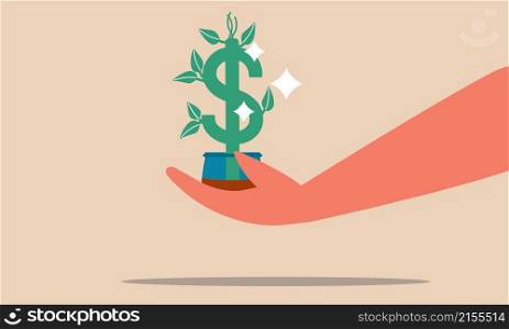 Dollar green plant on hand and money profit income. Investment rich and return earnings vector illustration concept. Financial growth and economy currency deposit. Sprout capital idea and stock market