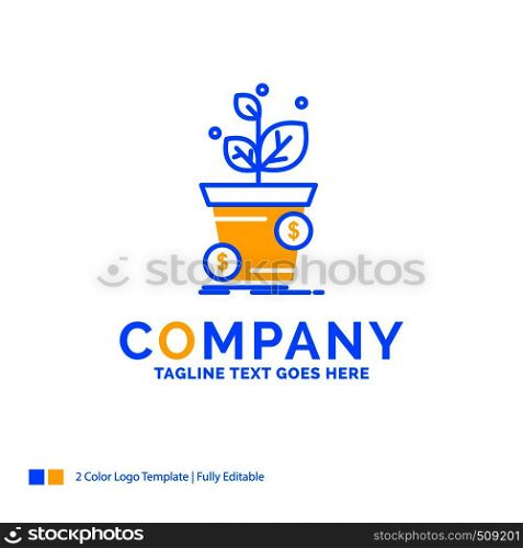 dollar, growth, pot, profit, business Blue Yellow Business Logo template. Creative Design Template Place for Tagline.