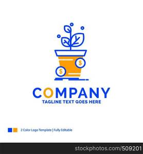 dollar, growth, pot, profit, business Blue Yellow Business Logo template. Creative Design Template Place for Tagline.