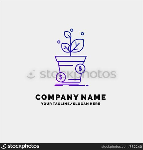 dollar, growth, pot, profit, business Purple Business Logo Template. Place for Tagline. Vector EPS10 Abstract Template background