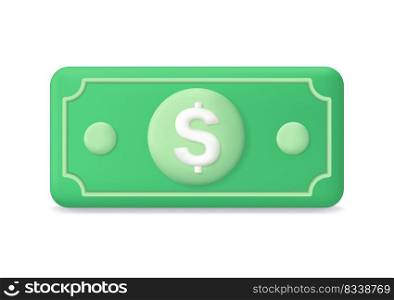 Dollar icon. 3d dollar money. 3d bill. Dollar currency. Cash banknote. Green paper money. Cartoon finance icon for bank, cost and loan. American currency. Vector.