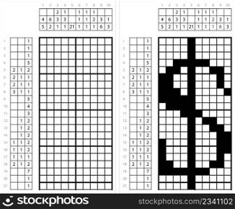 Dollar Icon Nonogram Pixel Art, Currency Sign, Dollar Bill, Paper Money,  , Sign Vector Art Illustration, Logic Puzzle Game Griddlers, Pic-A-Pix, Picture Paint By Numbers, Picross