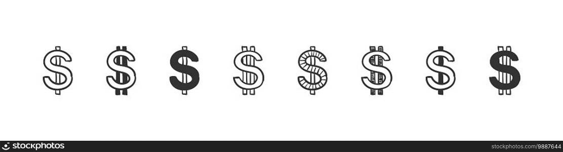 Dollar icons. Doodle dollar. Hand Drawn icon dollar isolated on white background. Trendy design. Vector illustration