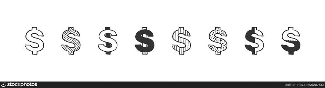 Dollar icons set. Doodle dollar. Hand Drawn icon dollar isolated on white background. Trendy design. Vector illustration