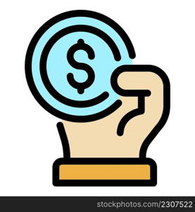 Dollar in hand icon. Outline dollar in hand vector icon color flat isolated. Dollar in hand icon color outline vector