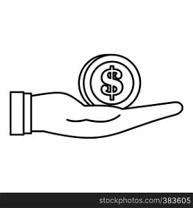 Dollar in hand icon. Outline illustration of dollar in hand vector icon for web design. Dollar in hand icon, outline style