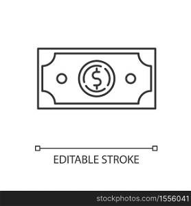 Dollar linear icon. Money exchange. Investment in stock. Trading service. Financial wealth. Thin line customizable illustration. Contour symbol. Vector isolated outline drawing. Editable stroke. Dollar linear icon