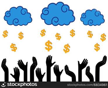 Dollar Money falling from the clouds in the human hands, stylised conceptual vector illustration