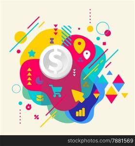 Dollar on abstract colorful spotted background with different elements. Flat design.