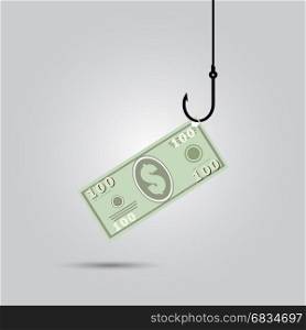 Dollar on the hook. Dollar banknote on the hook. Money fraud concept