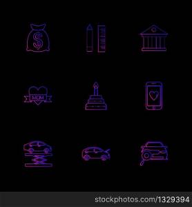 dollar , pencil , scale , bank , mobile ,car ,mom , heart, cake , car jack , icon, vector, design, flat, collection, style, creative, icons