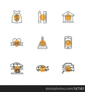 dollar , pencil , scale , bank , mobile ,car ,mom , heart,  cake , car jack , icon, vector, design,  flat,  collection, style, creative,  icons