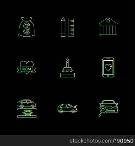 dollar , pencil , scale , bank , mobile ,car ,mom , heart,  cake , car jack , icon, vector, design,  flat,  collection, style, creative,  icons