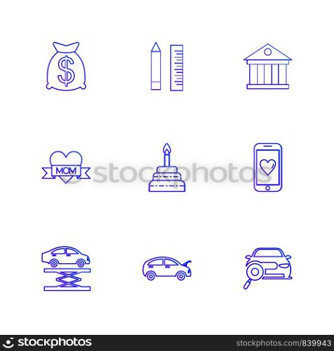 dollar , pencil , scale , bank , mobile ,car ,mom , heart, cake , car jack , icon, vector, design, flat, collection, style, creative, icons