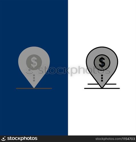 Dollar, Pin, Map, Location, Bank, Business Icons. Flat and Line Filled Icon Set Vector Blue Background