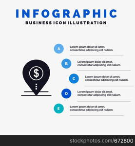 Dollar, Pin, Map, Location, Bank, Business Solid Icon Infographics 5 Steps Presentation Background