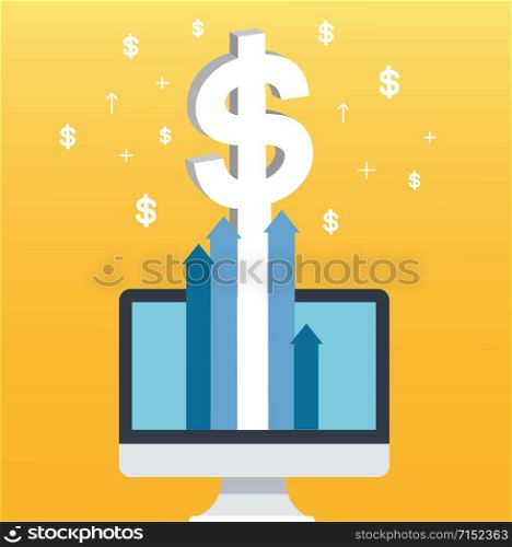 dollar pop up on screen computer and yellow background, successful business concept illustration