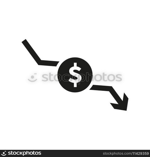 Dollar rate decrease icon. Money symbol with down arrow. Vector illustration. EPS 10. Stock image.. Dollar rate decrease icon. Money symbol with down arrow. Vector illustration. EPS 10.