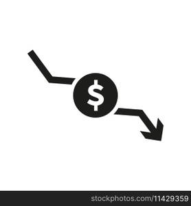 Dollar rate decrease icon. Money symbol with down arrow. Vector illustration. EPS 10. Stock image.. Dollar rate decrease icon. Money symbol with down arrow. Vector illustration. EPS 10.