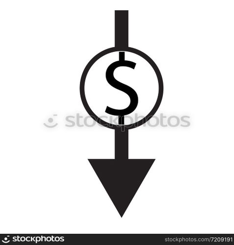 dollar rate decrease icon on white background. flat style. lower cost icon for your web site design, logo, app, UI.  business loss symbol. money sign. 