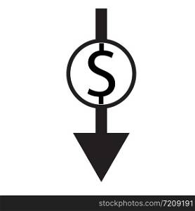 dollar rate decrease icon on white background. flat style. lower cost icon for your web site design, logo, app, UI. business loss symbol. money sign.