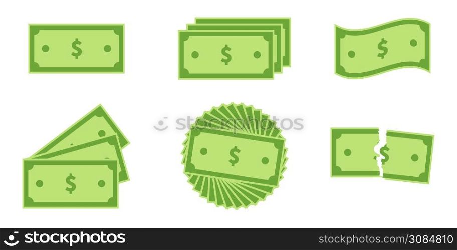 Dollar set illustration. Vector paper flat money. US dollars sign.