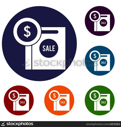 Dollar sign and shopping bag for sale icons set in flat circle reb, blue and green color for web. Dollar sign and shopping bag for sale icons set