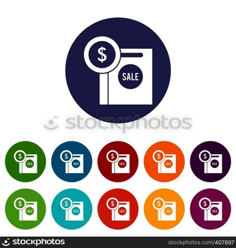 Dollar sign and shopping bag for sale set icons in different colors isolated on white background. Dollar sign and shopping bag for sale set icons