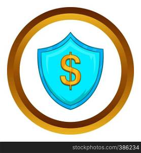 Dollar sign on a sky blue shield with tick vector icon in golden circle, cartoon style isolated on white background. Dollar sign on blue shield with tick vector icon