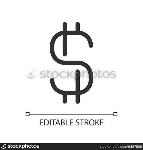 Dollar sign pixel perfect linear ui icon. Currency and money. Finance and banking. GUI, UX design. Outline isolated user interface element for app and web. Editable stroke. Arial font used. Dollar sign pixel perfect linear ui icon