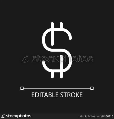 Dollar sign pixel perfect white linear ui icon for dark theme. Currency and money. Vector line pictogram. Isolated user interface symbol for night mode. Editable stroke. Arial font used. Dollar sign pixel perfect white linear ui icon for dark theme