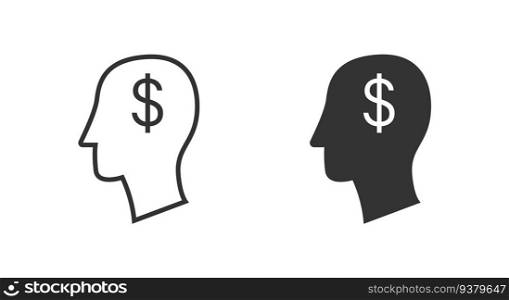 Dollar symbol in the head. Man thinking money icon. Flat vector illustration.