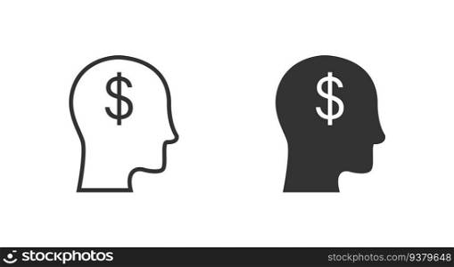 Dollar symbol in the head. Man thinking money icon. Flat vector illustration.