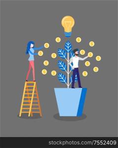 Dollar tree grown by investors business finances vector. Man and woman with a plant harvesting profit, lady standing on ladder, lightbulb on top idea. Dollar Tree Grown by Investors Business Finances