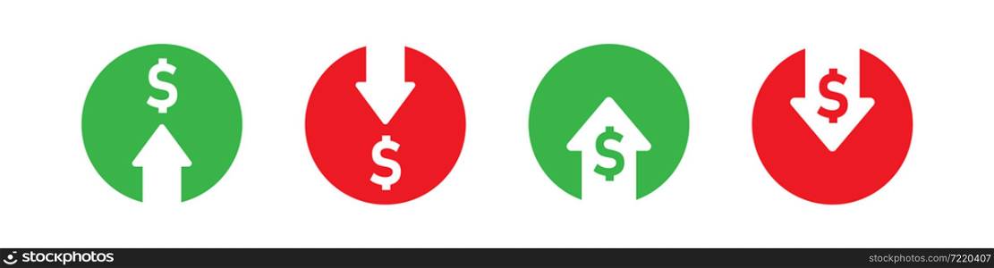 Dollar up symbol. Money down icon set. Prise low arrow sign in vector flat style.