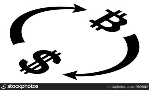 Dollar USD and Bitcoin BTC circulation isometric concept with symbols and cyclical arrows in monochrome silhouette isolated on white. Rotation of digital money. Vector design element.. Dollar USD and Bitcoin BTC circulation isometric concept with symbols and cyclical arrows in monochrome silhouette isolated on white. Rotation of digital money. Design element.