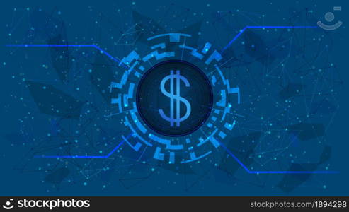 Dollar USD coin symbol in circle with digital theme on blue background. American currency icon for website or banner. Copy space. Vector EPS10.