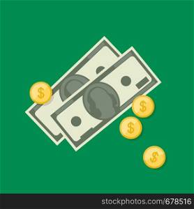 Dollars and coins icons in flat style. Financial background with money.. Financial background with money