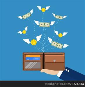 Dollars and coins with wings flying away from hand with wallet. Losing money, overspending, bankruptcy. illustration in flat style. Dollars and coins with wings flying