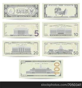 Dollars Banknote Set Vector. Cartoon. Dollars Banknote Set Vector. Cartoon US Currency. Flip Side Of American Money Bill Isolated Illustration. Cash Dollar Symbol. Every Denomination Of US Currency