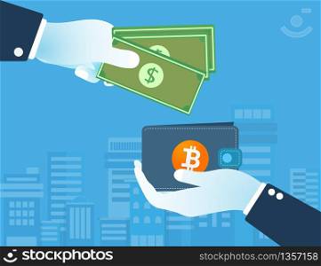 Dollars exchange Bitcoin cryptocurrency. Digital money exchange concept. cashless society.