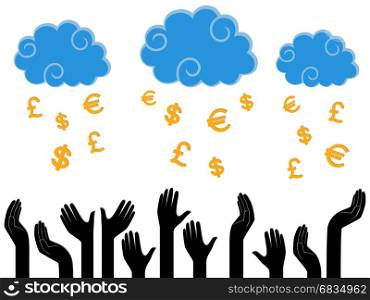 Dollars, Pounds and Euro falling from the Heaven in the human hands, stylised conceptual vector illustration