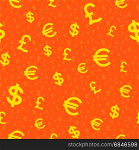 Dollars, Pounds and Euro seamless background, stylised vector illustration in yellow and orange colors