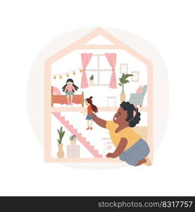 Dollhouse isolated cartoon vector illustration. Girl playing doll, miniature pink house, dollhouse furniture, home for toys, children role games, developing imagination vector cartoon.. Dollhouse isolated cartoon vector illustration.