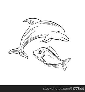 Dolphin and fish monochrome flat vector illustration. Sea animals, intelligent mammal freehand sketch. Saltwater creature black ink drawing. Marine life, fauna representative sketched outline. Dolphin and fish black and white illustration